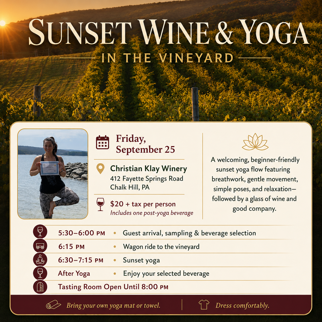 Sunset Yoga in the Vineyard at Christian Klay Winery